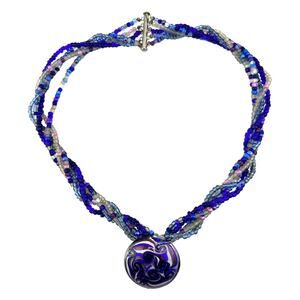 Artisan Art Glass Handmade Blue White Swirl Beaded Unique 21.5” Necklace